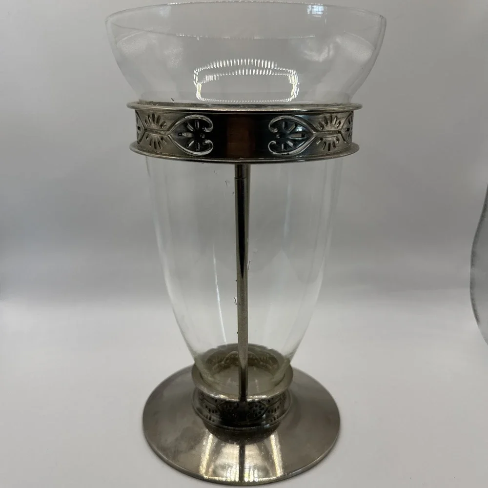 Rare Vintage Clear Glass & Silver Metal FTD Vase Circa 1960s Mid Century Floral